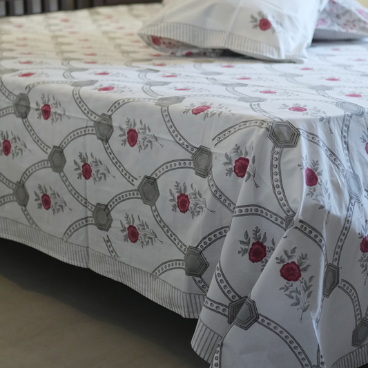 Grey & Red Floral Bedsheet