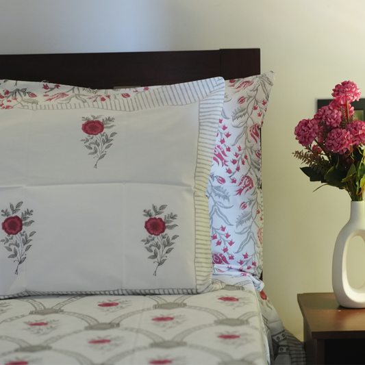 Grey & Red Floral Bedsheet